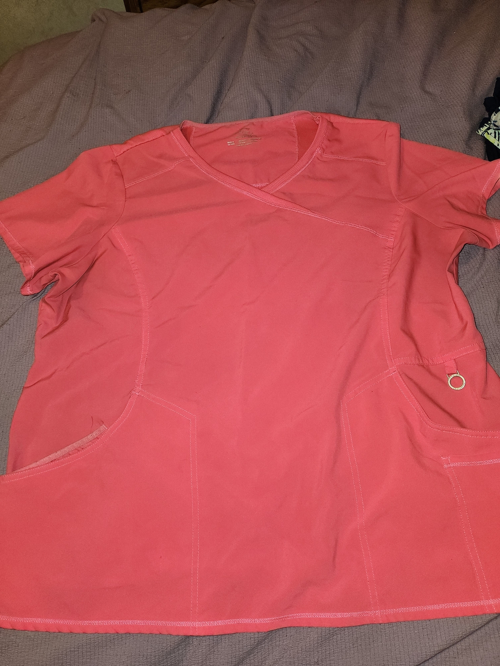 Coral V-Neck Women's Top with Front Pockets